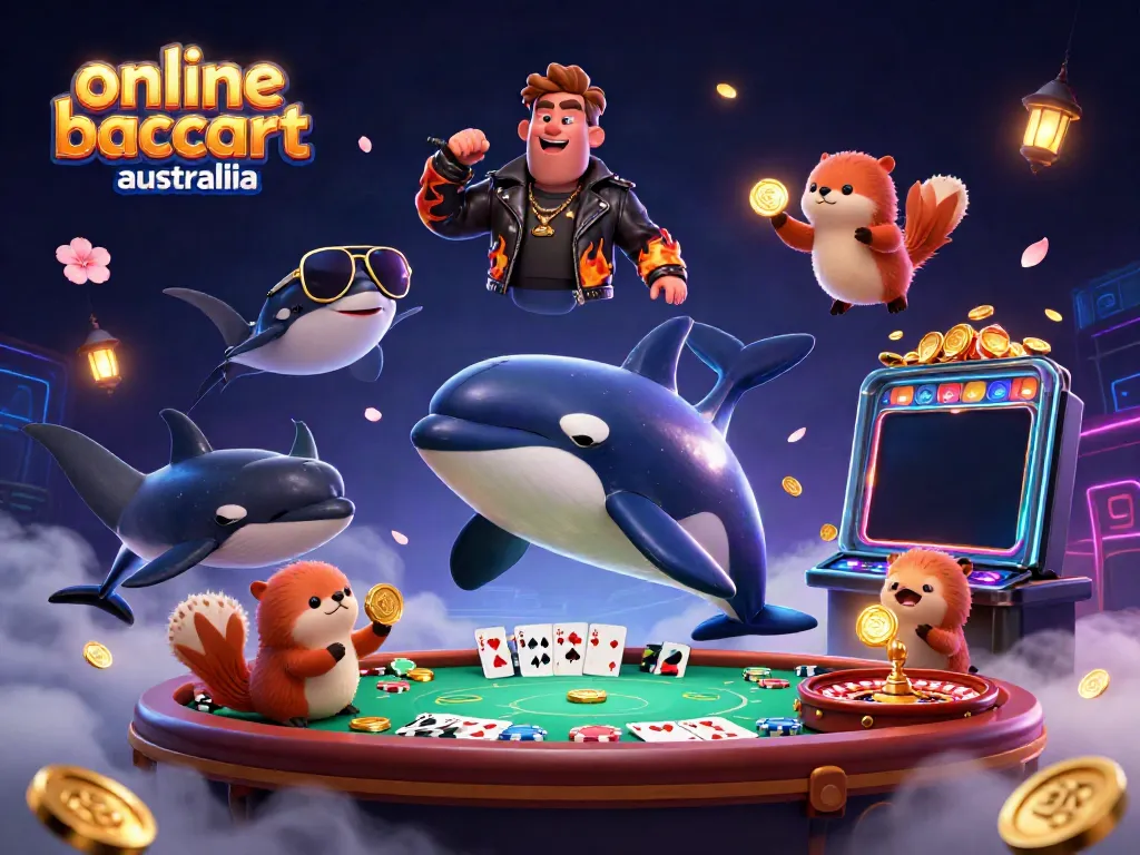Engage in online baccarat Australia with vibrant 3D casino scene featuring playful characters and dynamic gaming elements.