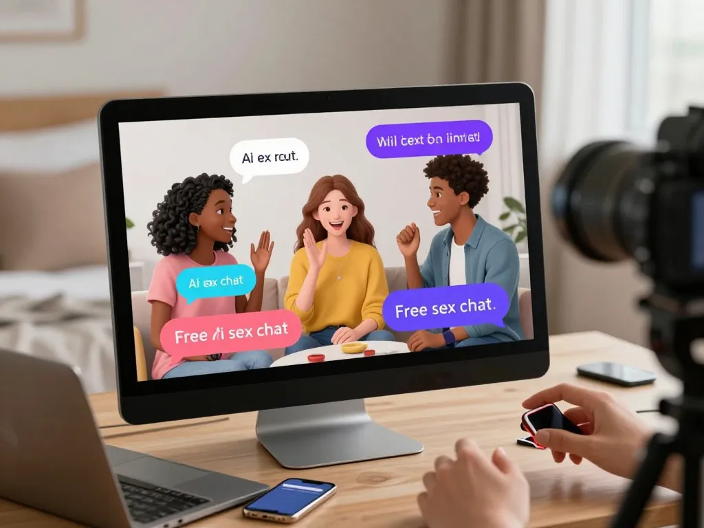 Diverse characters engaging in free AI sex chat on modern digital devices in a cozy bedroom.