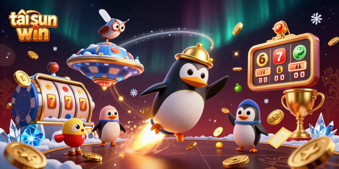 Engage with "tải sun win" as the golden penguin races towards a vibrant casino space station.