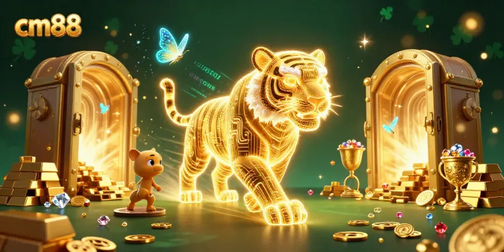 Engage with cm88's exciting digital casino universe, featuring a glowing tiger and treasures.