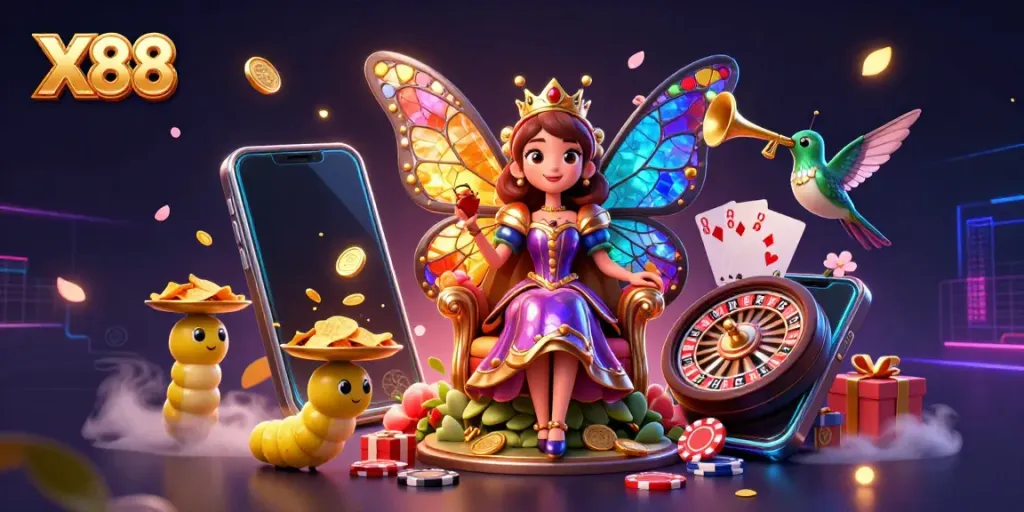 X88 slot gaming scene with vibrant cartoon characters, spinning reels, and poker elements.