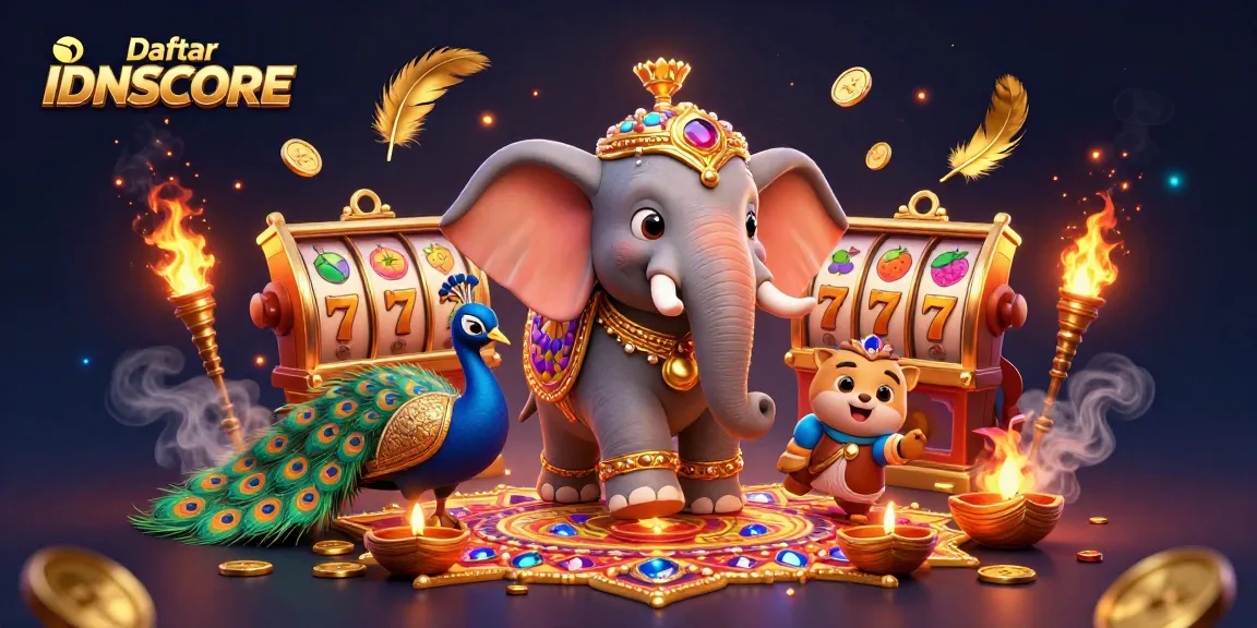 Engage in thrilling gaming action at Daftar IDNSCORE with colorful slot machines and vibrant characters.