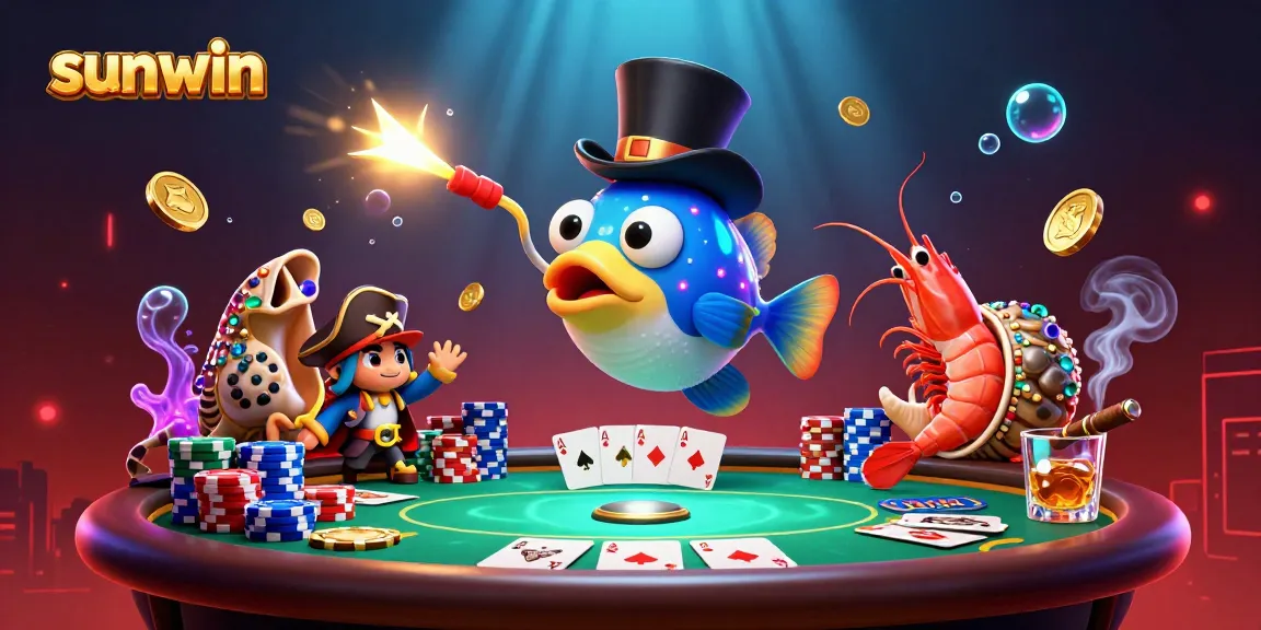 Experience thrilling gaming at sunwin with cartoon sea creatures, poker elements, and vibrant colors.