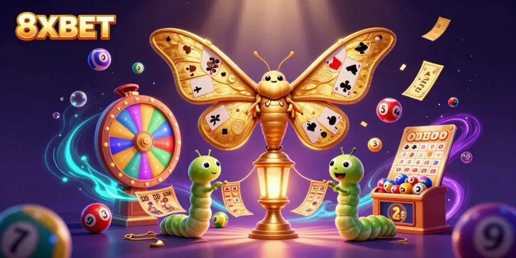 Engage with thrilling gameplay at 8XBET, featuring an elaborate casino-themed illustration.