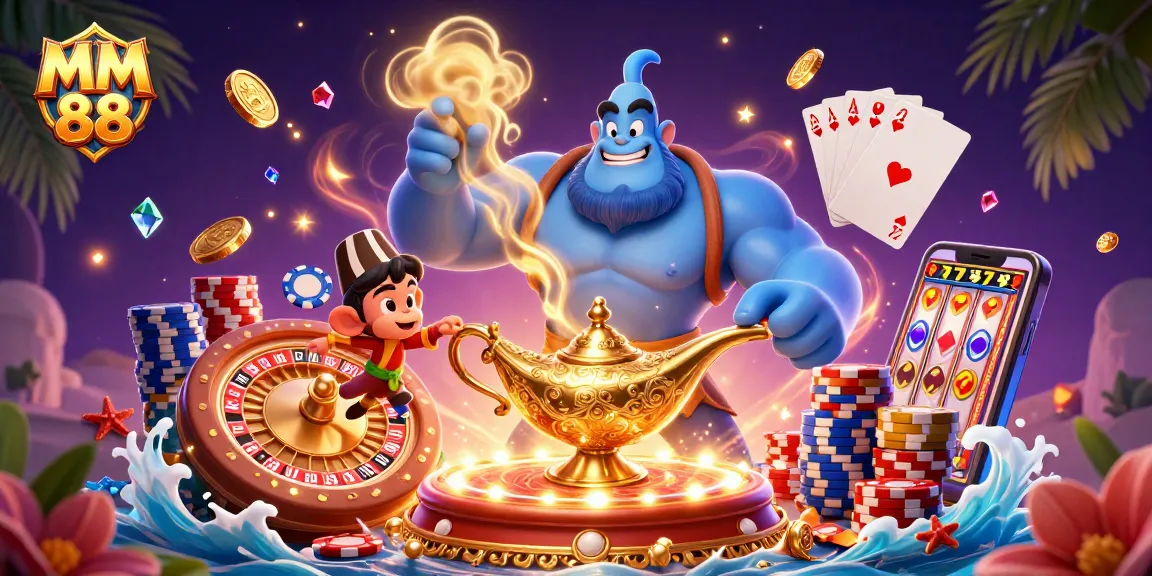 Experience the magic of MM 88 with a vibrant scene of a genie, poker chips, and cascading coins!