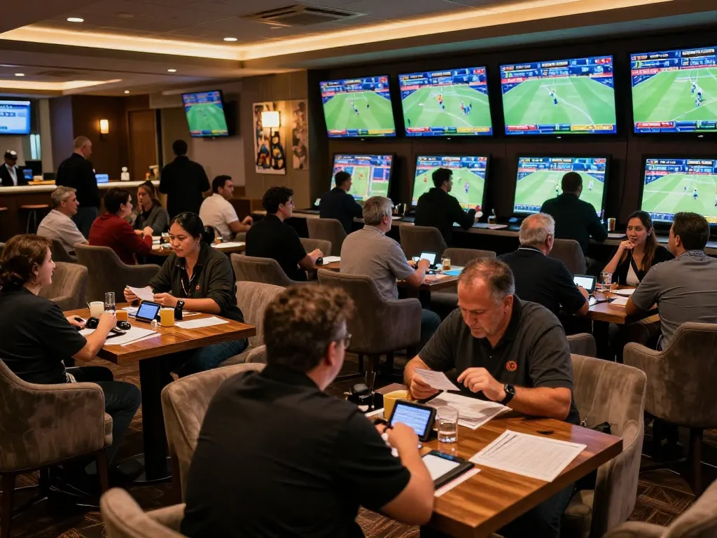 Engaged bettors analyzing odds and making bets at a lively keonhacai sports betting lounge, showcasing a vibrant casino atmosphere
