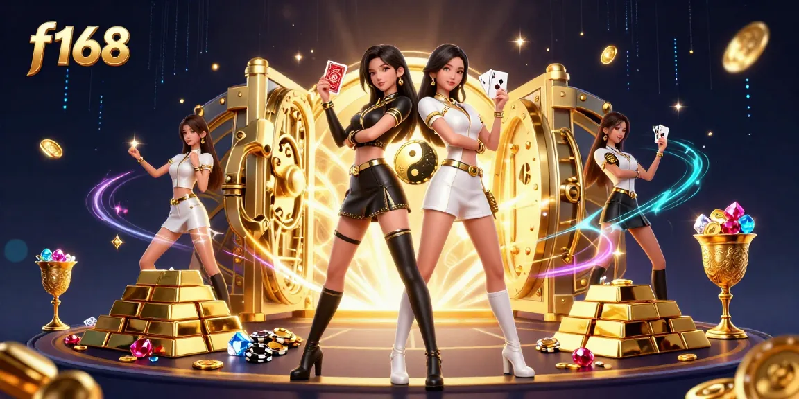 Experience excitement at f168 with stunning twin Asian women showcasing their card skills amidst a treasure-filled casino.