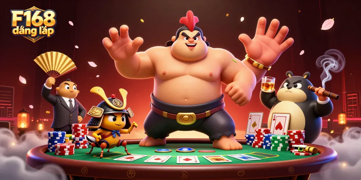 F168 đăng nhập features a dynamic scene with a powerful sumo rooster, a fierce cricket, and a tanuki announcer.