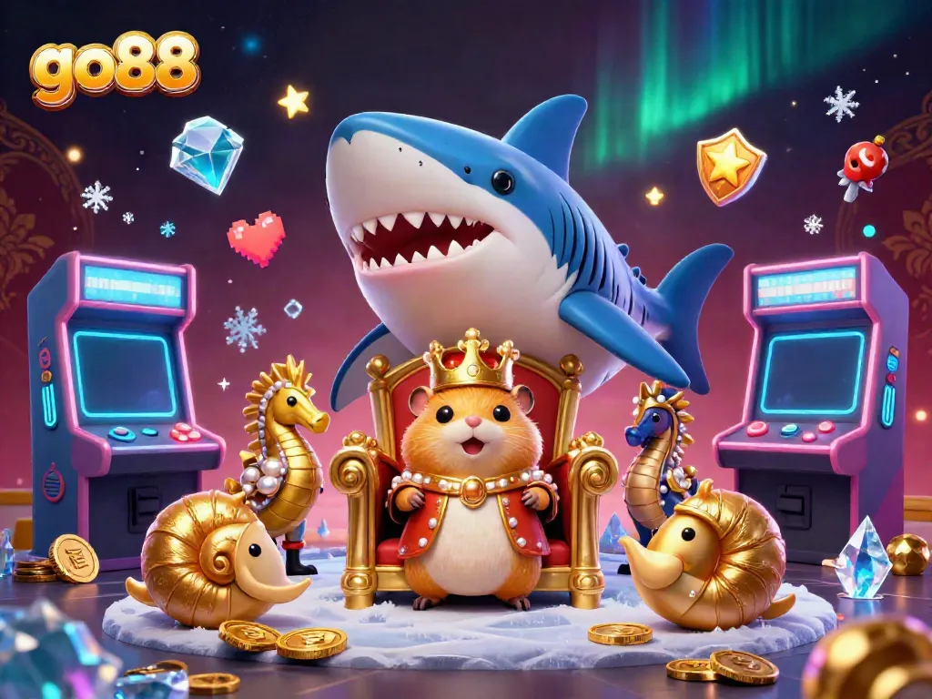 Engage with go88's vibrant gaming world featuring a golden hamster king and arcade game elements.