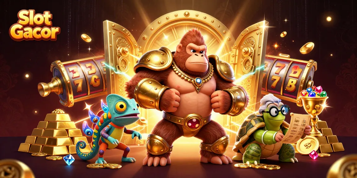 Spin to win at Slot Gacor with animated characters revealing gems and treasures in an exciting casino scene.