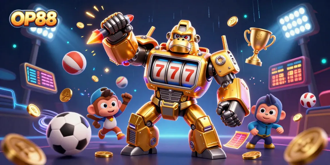 Engage with OP88's thrilling 3D golden gorilla mech blasting coins in a dynamic casino atmosphere.