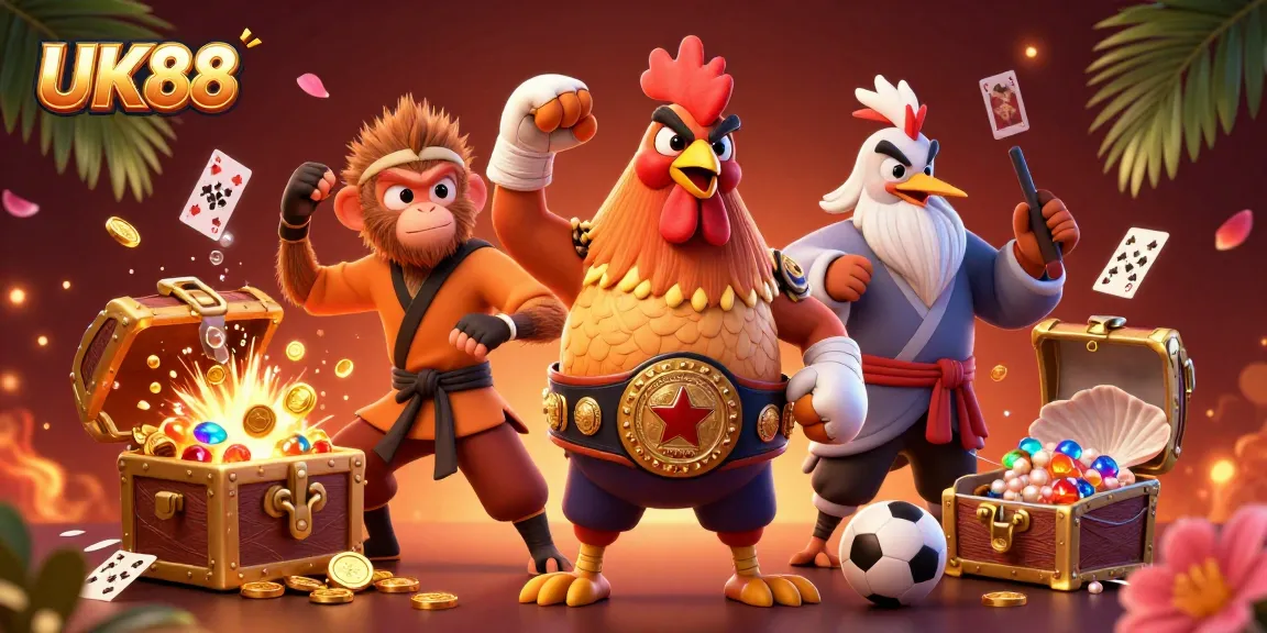 UK88's vibrant casino scene featuring a Muay Thai rooster and martial artist among riches and betting elements.