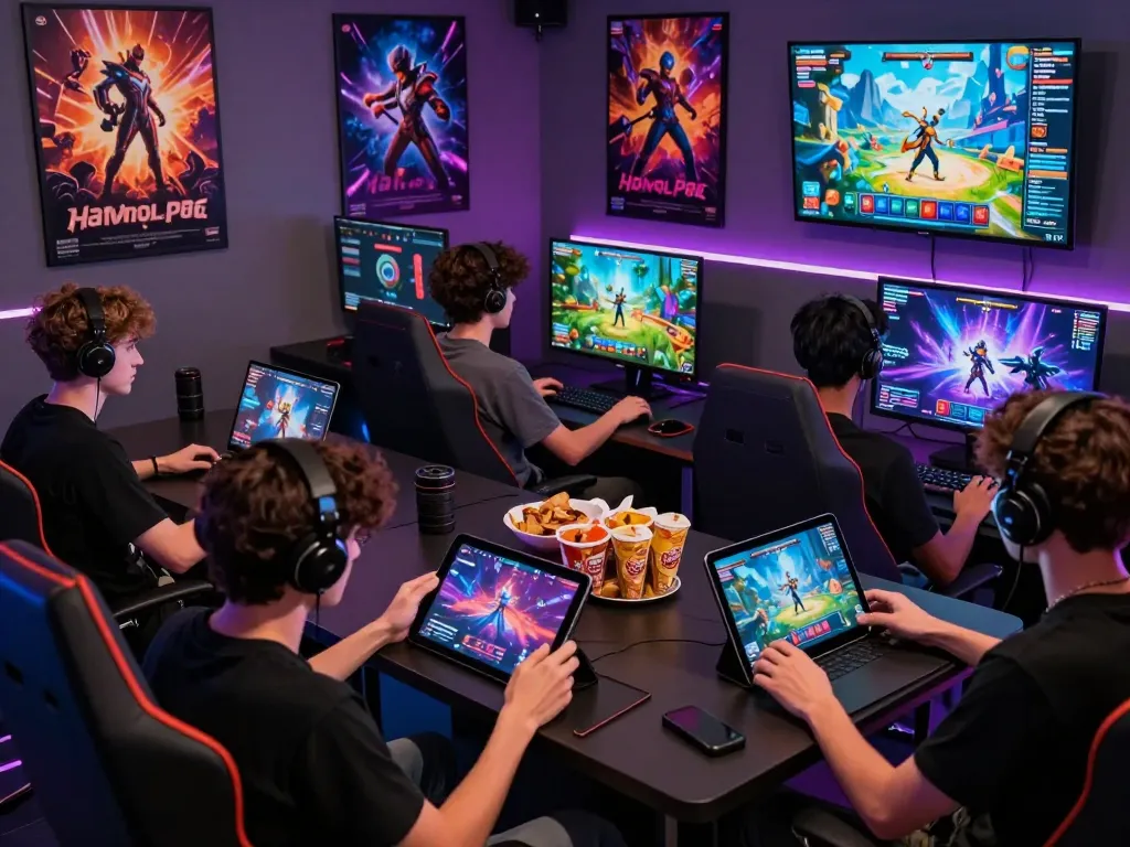 Interactive players enjoying html porn games in a lively gaming lounge