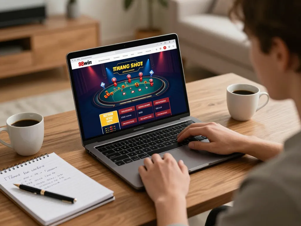 Gamer exploring 98win trang chủ online casino offerings with strategy notes in a cozy home setup