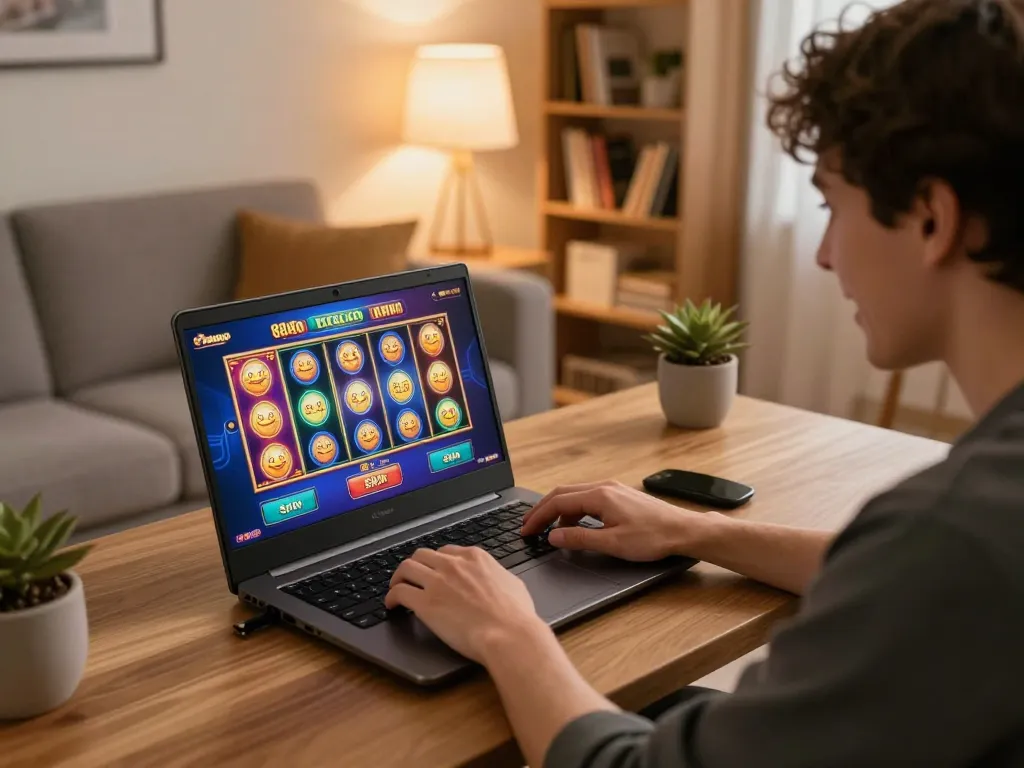 Engaging in online gaming at home with 888bgo slots displayed on laptop.