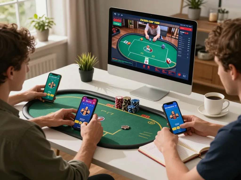 Go88 players engaging in online poker game on personal desktop setup with multiple devices.