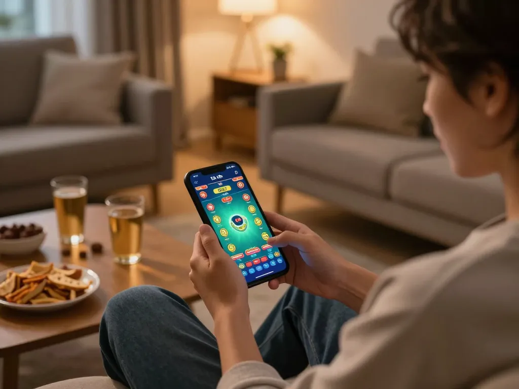 Engaging with the app tài xỉu online on mobile while enjoying a cozy home setting and warm ambiance.