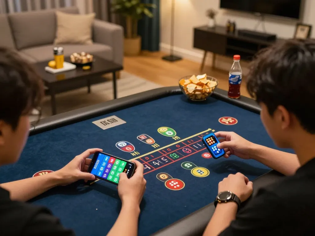 Player placing bets in a thrilling tài xỉu online game session on smartphone surrounded by snacks