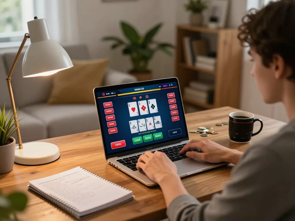 Engaged user plays sunwin live dealer game on laptop, showcasing strategic betting process in cozy home environment.