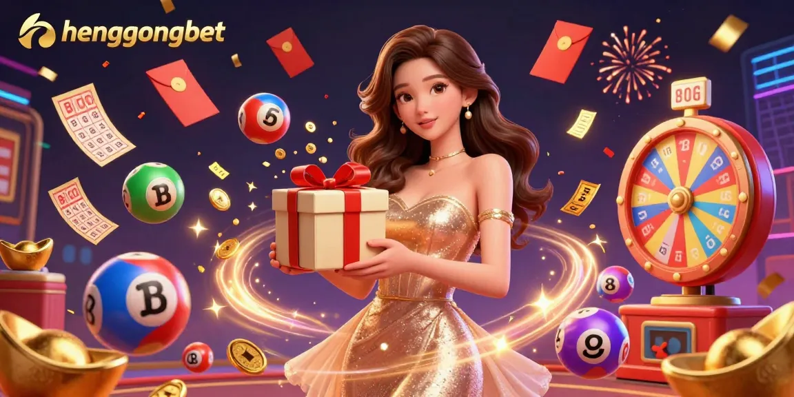 Experience the excitement of hengongbet with a festive visual of casino elements like bouncing lottery balls and gold coins spilling from a gift box.