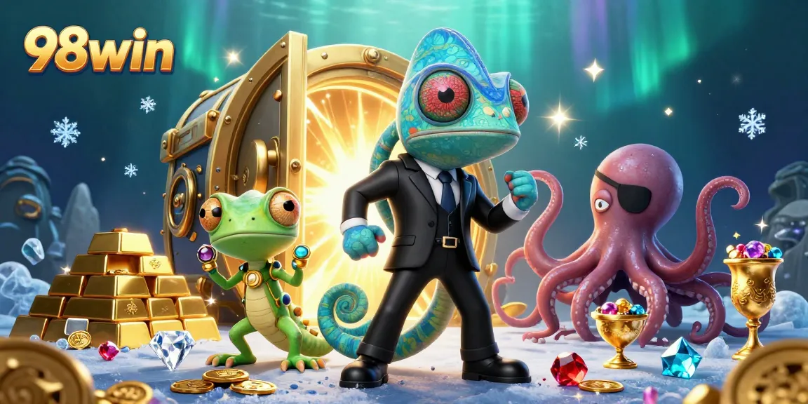 Win big with 98win in an action-packed casino adventure featuring colorful characters and treasures.
