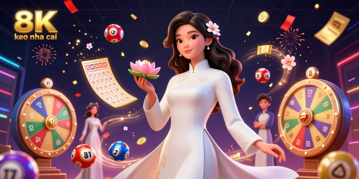 Experience exciting gambling with keo nha cai, featuring a joyful scene of a graceful woman surrounded by vibrant lottery elements.