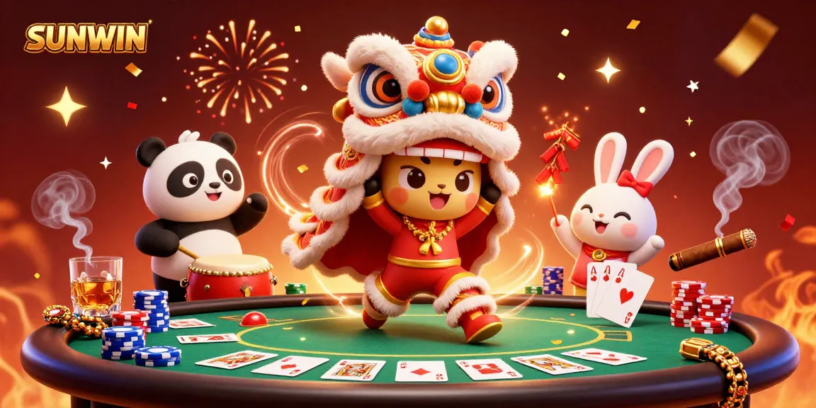 SUNWIN showcases a vibrant lion dance and lively poker scene, celebrating casino culture.