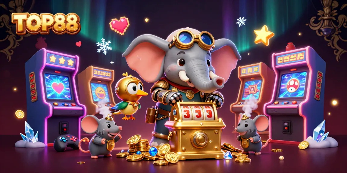TOP88 casino scene with a steampunk elephant engineer and vibrant gaming elements