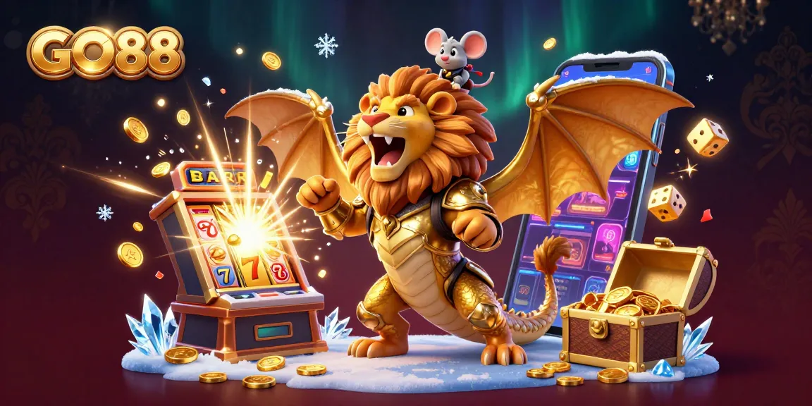 Experience GO88's thrilling jackpot excitement with a dynamic visualization of a chimera and mouse jockey amidst exhilarating casino elements.
