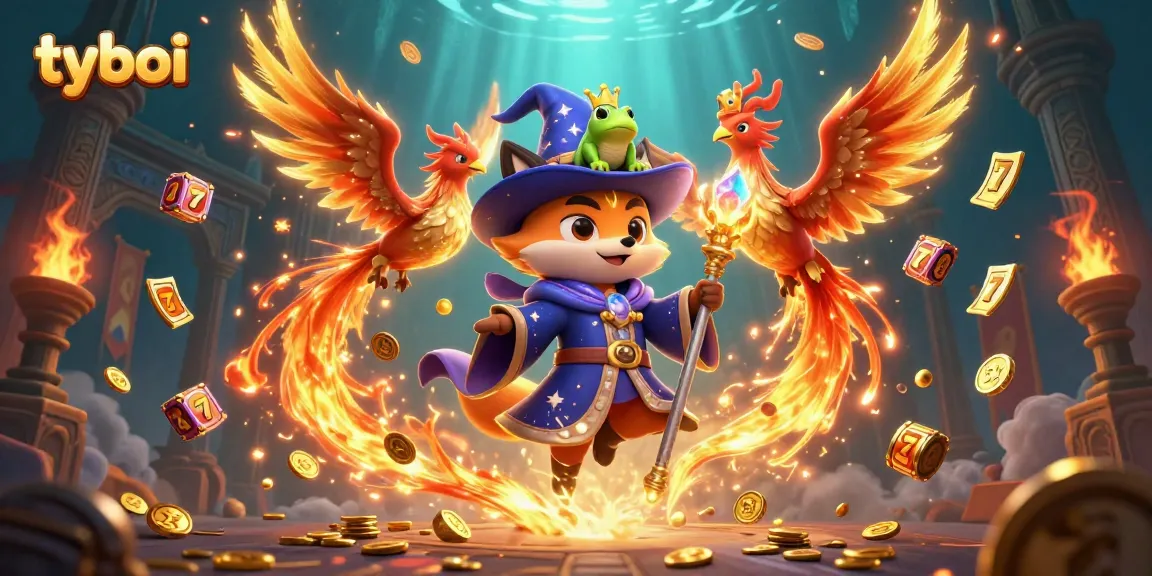Win big with tyboi slots in a vibrant casino scene featuring a wizard, phoenix, and enchanted elements.