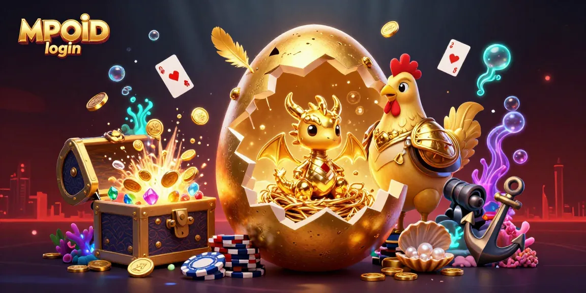 Engage in thrilling MPOID login experiences with a golden dragon guarding chips amid colorful gaming treasures.