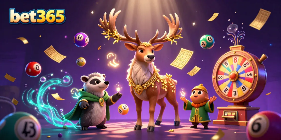 Bet365 players experience vibrant lottery excitement with floating elements and animated characters.