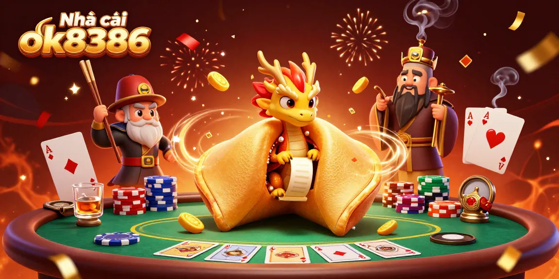 Experience thrilling moments at Nhà cái ok8386 with a giant fortune cookie, dragon, and poker elements.