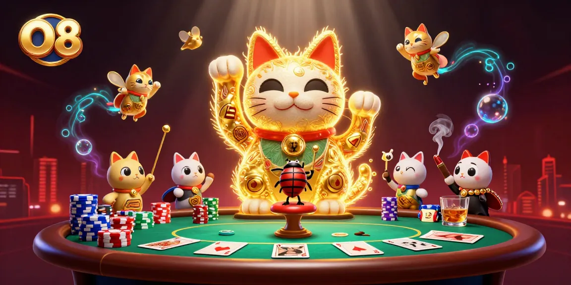 Experience the vibrant O8 gaming atmosphere with a lucky cat and poker elements in dynamic 3D.