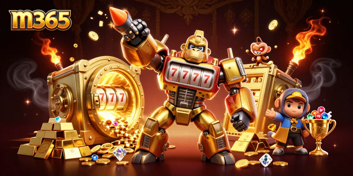 A thrilling scene of a golden gorilla mech celebrating a big m365 casino win with coins and treasures bursting out.