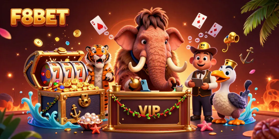 Experience the thrilling F8BET casino with lively characters and vibrant gaming elements in a dynamic 3D scene.