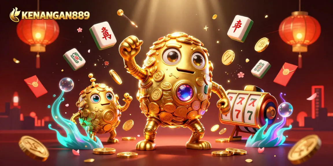 Spin slot reels and win big with KENANGAN889 in this vibrant 3D casino scene!