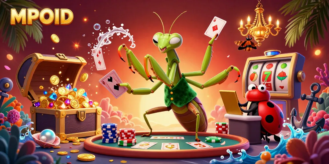 MPOID engages players in a vibrant casino illustration with a giant mantis dealing cards and treasures.