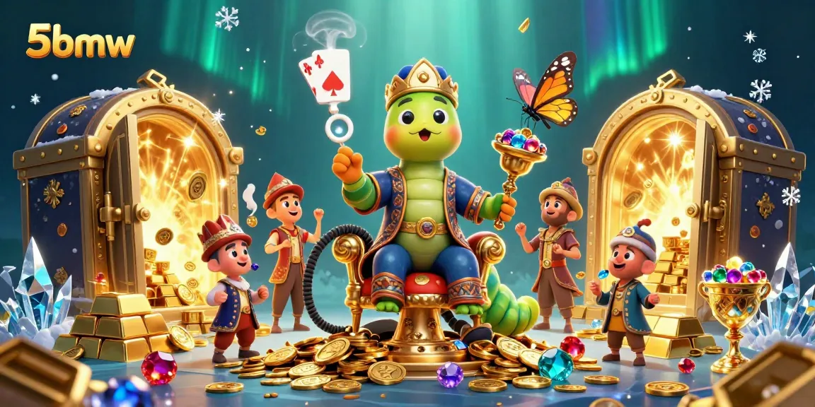 Win at 5bmw with a vibrant casino-themed illustration showcasing rich game elements and playful characters.