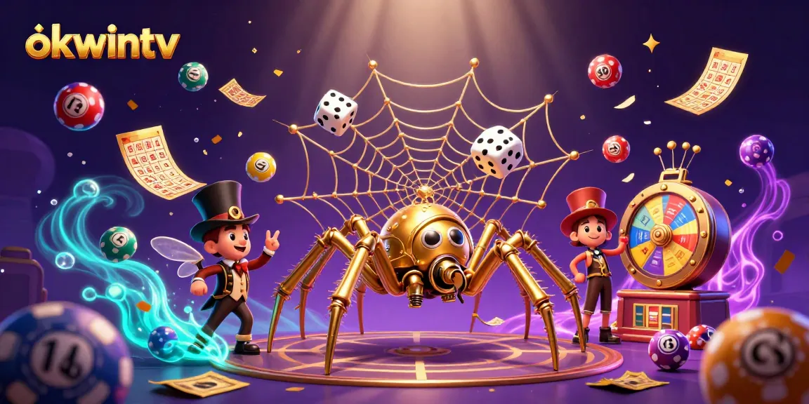 Engage with okwintv's dynamic gaming scene featuring a golden spider and energetic lottery elements.