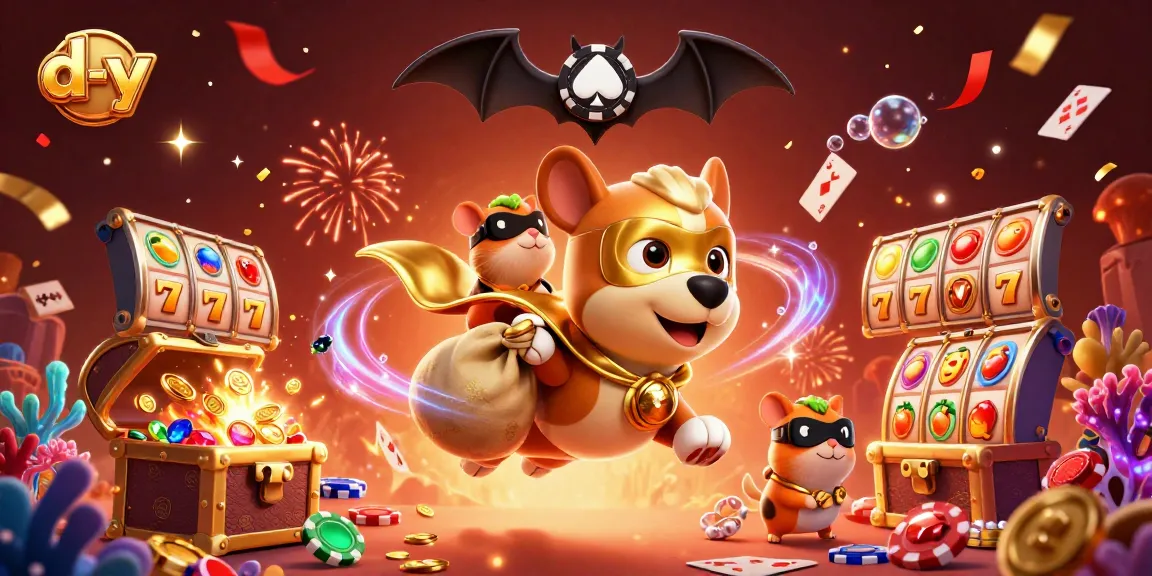 Win big at d-y with our playful hero dog navigating the vibrant casino world.