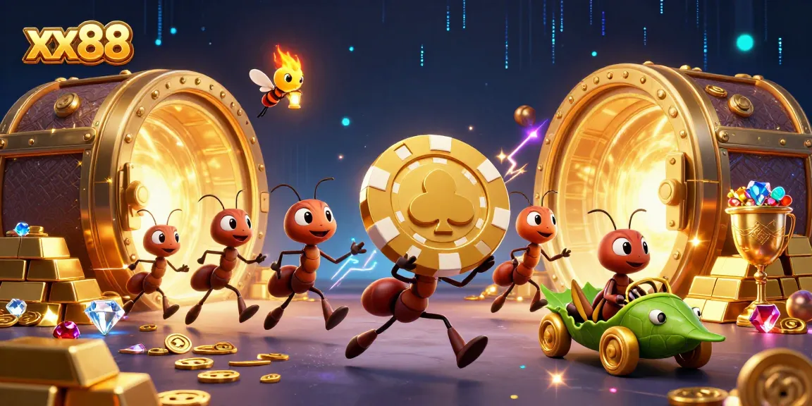 Join the winning excitement at xx88 with ants carrying a giant poker chip in a vibrant casino illustration.