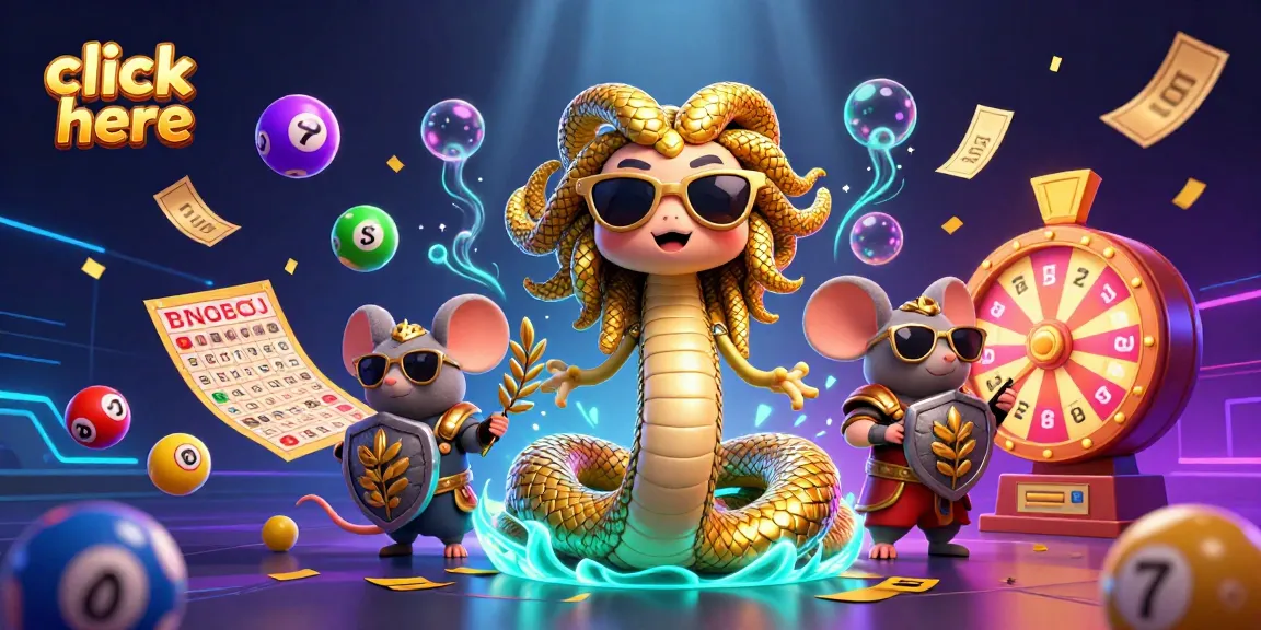 Click here to win big with Medusa and a stone-shield warrior mouse surrounded by lottery excitement.