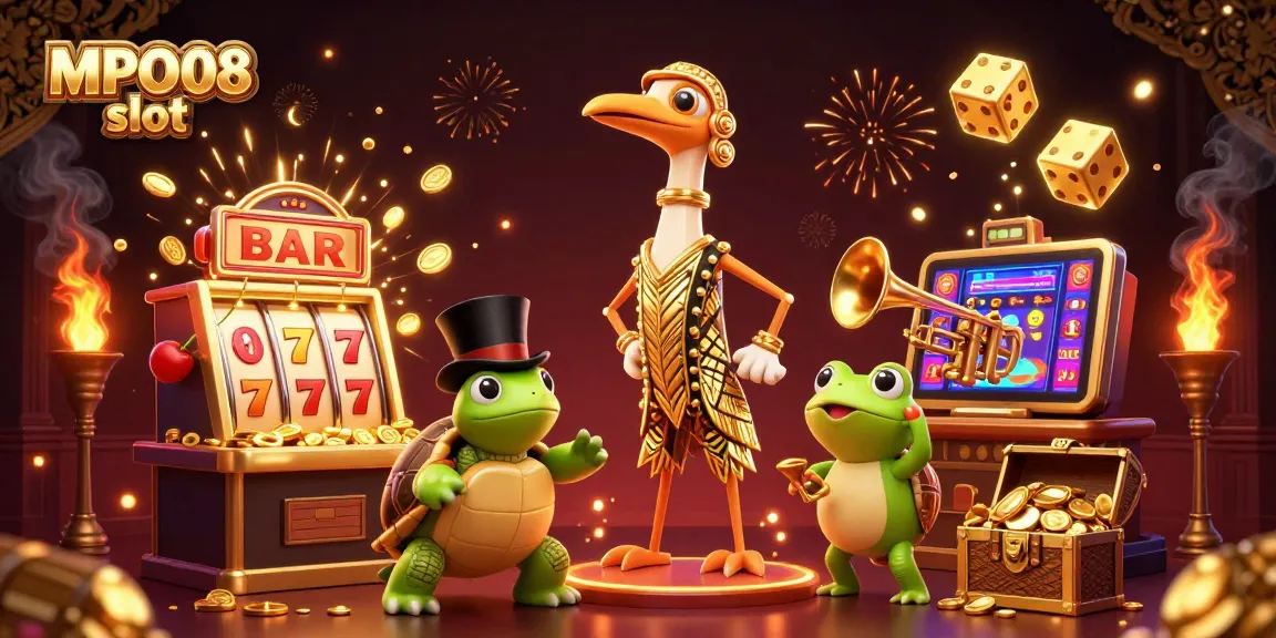 Experience the excitement of MPO08 slot with a jackpot explosion amidst vibrant casino elements.