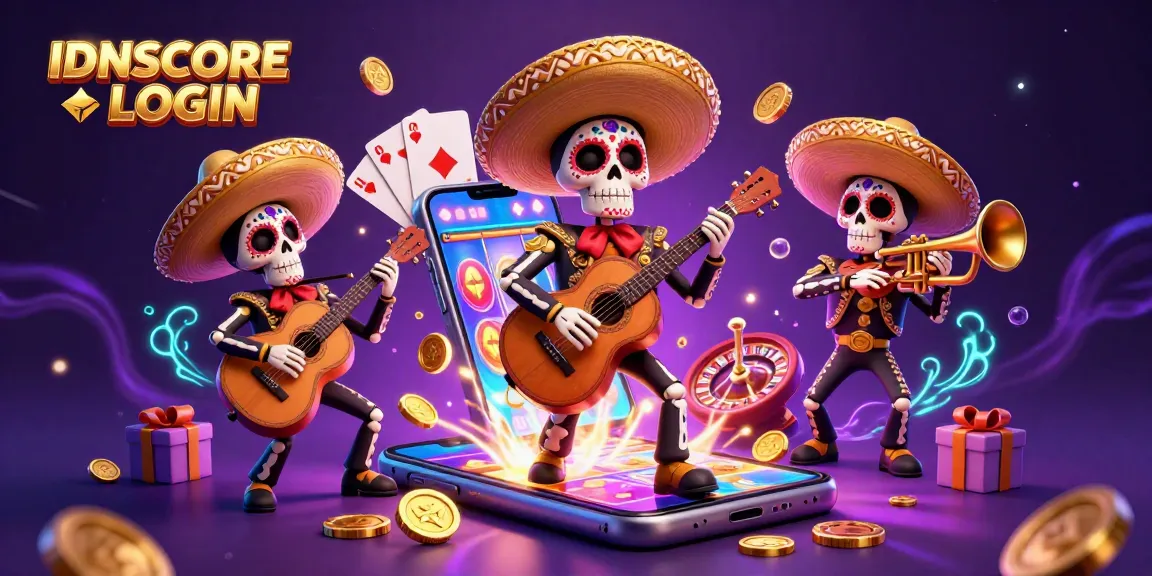 IDNSCORE LOGIN with colorful skeleton mariachi band celebrating wins, vibrant slot game action.