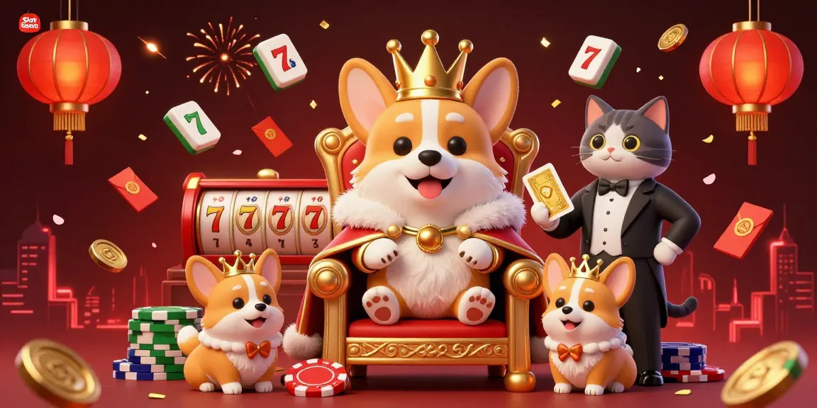 Engage with Slot Demo as a royal corgi rules over a casino throne, surrounded by vibrant gaming elements.
