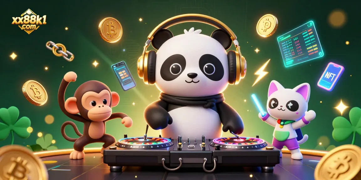 Experience excitement at xx88k1 com with a DJ panda, dancing monkey, and rave kitten in a vibrant casino setting.