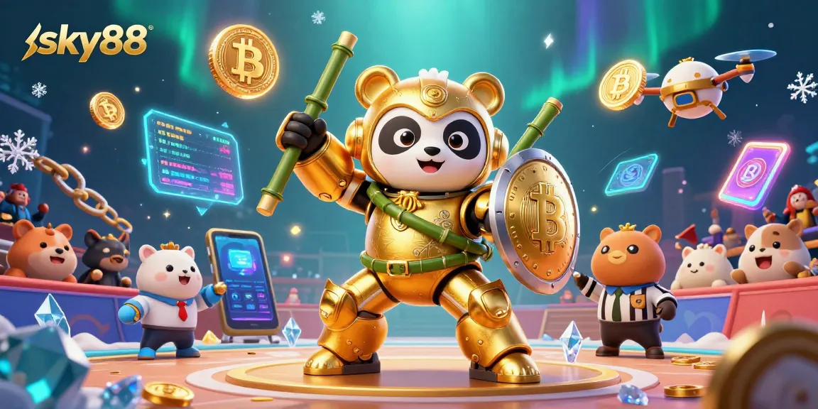 Experience thrilling gameplay at sky88 with a vibrant 3D casino scene filled with cryptocurrency elements.