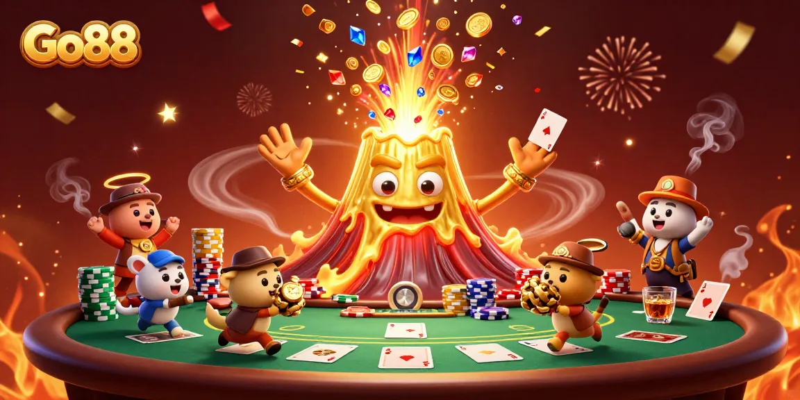 Go88 players cashing in on big wins while exploring a volcanic treasure cave filled with gems.