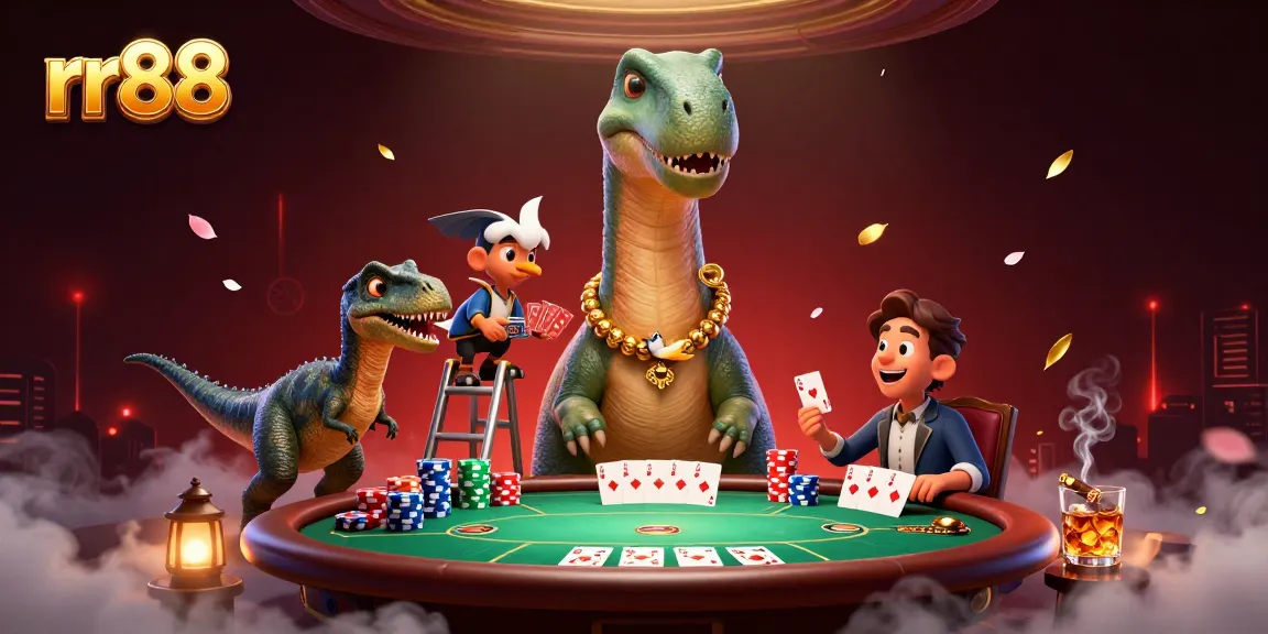 Experience rr88 with a towering brontosaurus overseeing thrilling poker games amidst rich casino visuals.